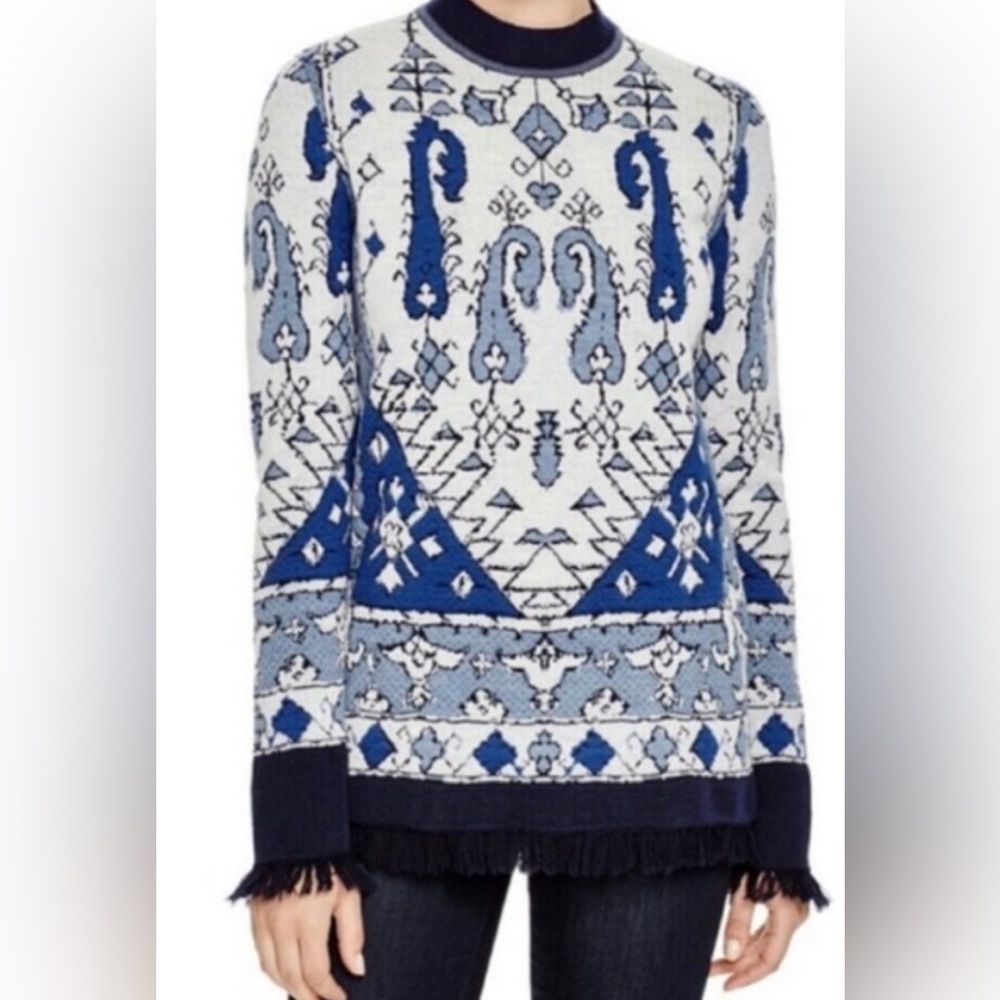 Tory Burch Sweater Womens Xs Lisbon Jacquard Tapestry Fringe Wool Malibu Blue
